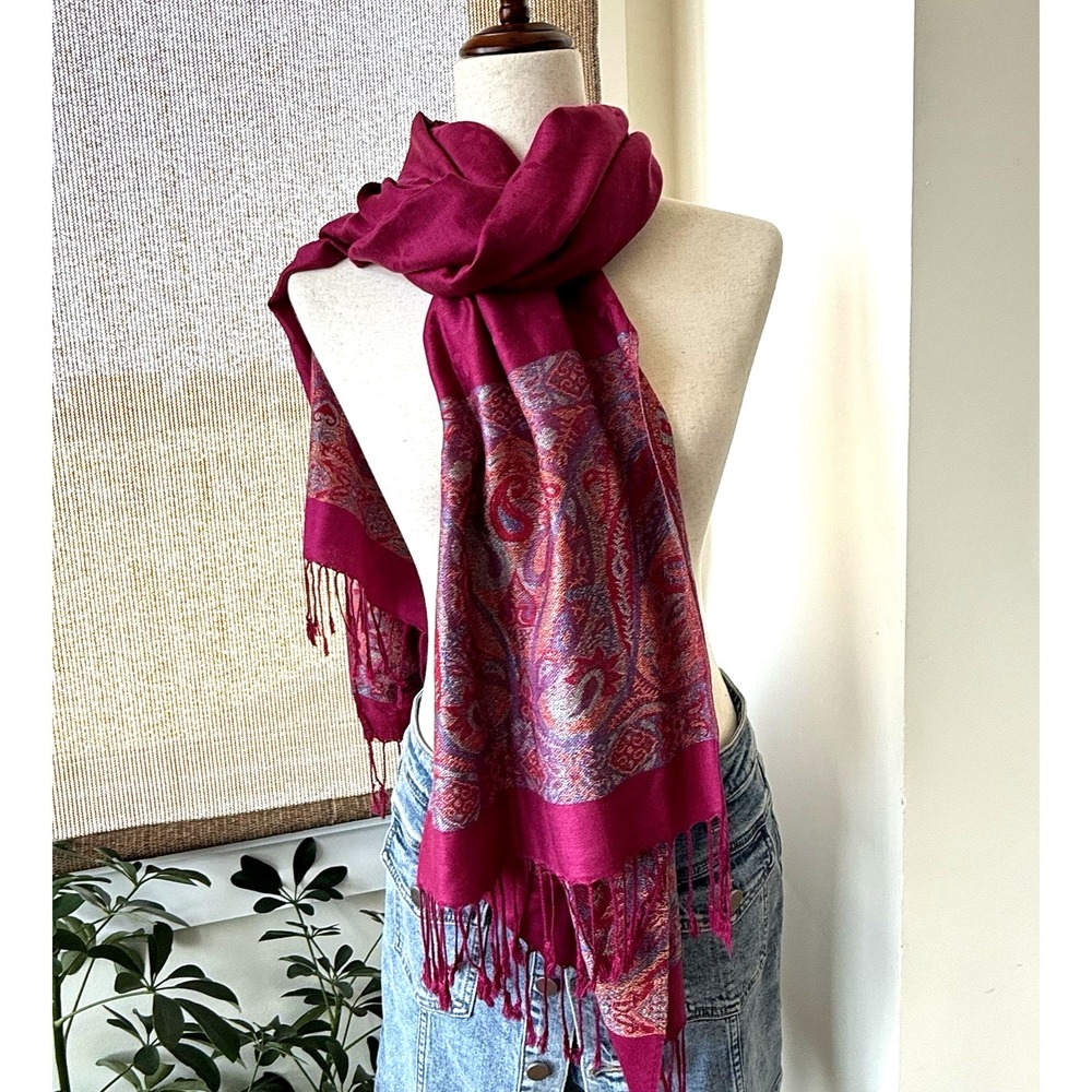 Pashmina Shawl Wrap Scarf Fuchsia Pink Paisley‎ Fringe 100% Cashmere European